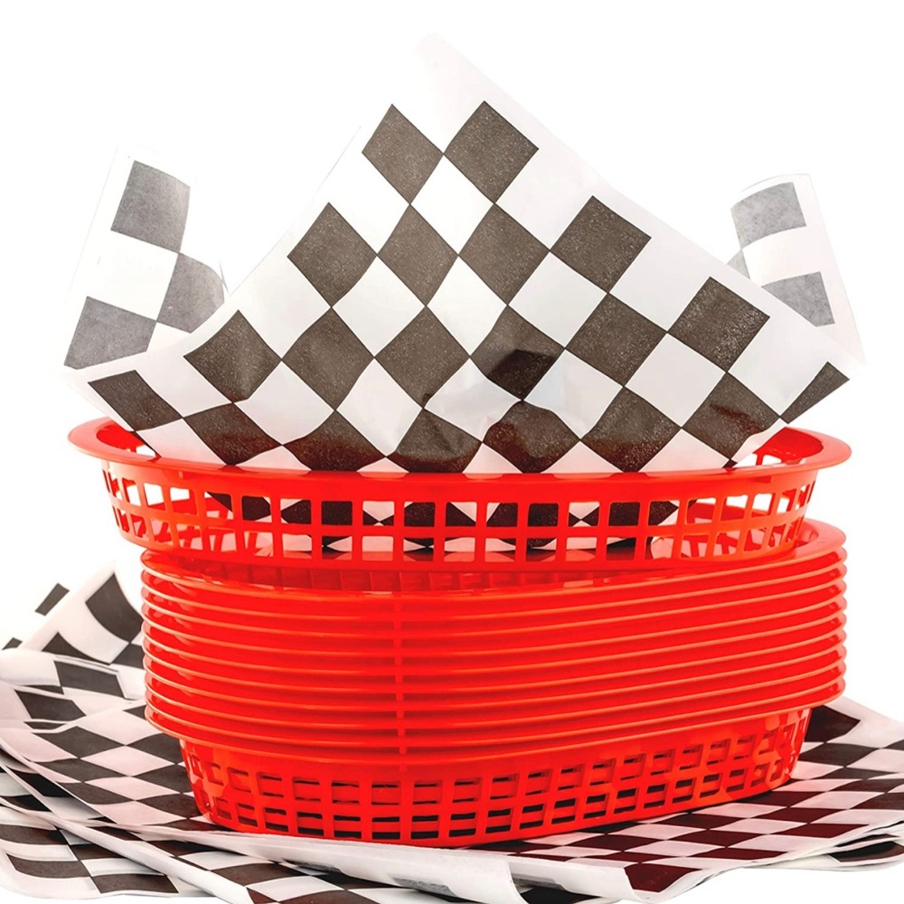 Retro Style Red Fast Food Basket (12Pk) and Black Checkered Deli Liner (120Pk)